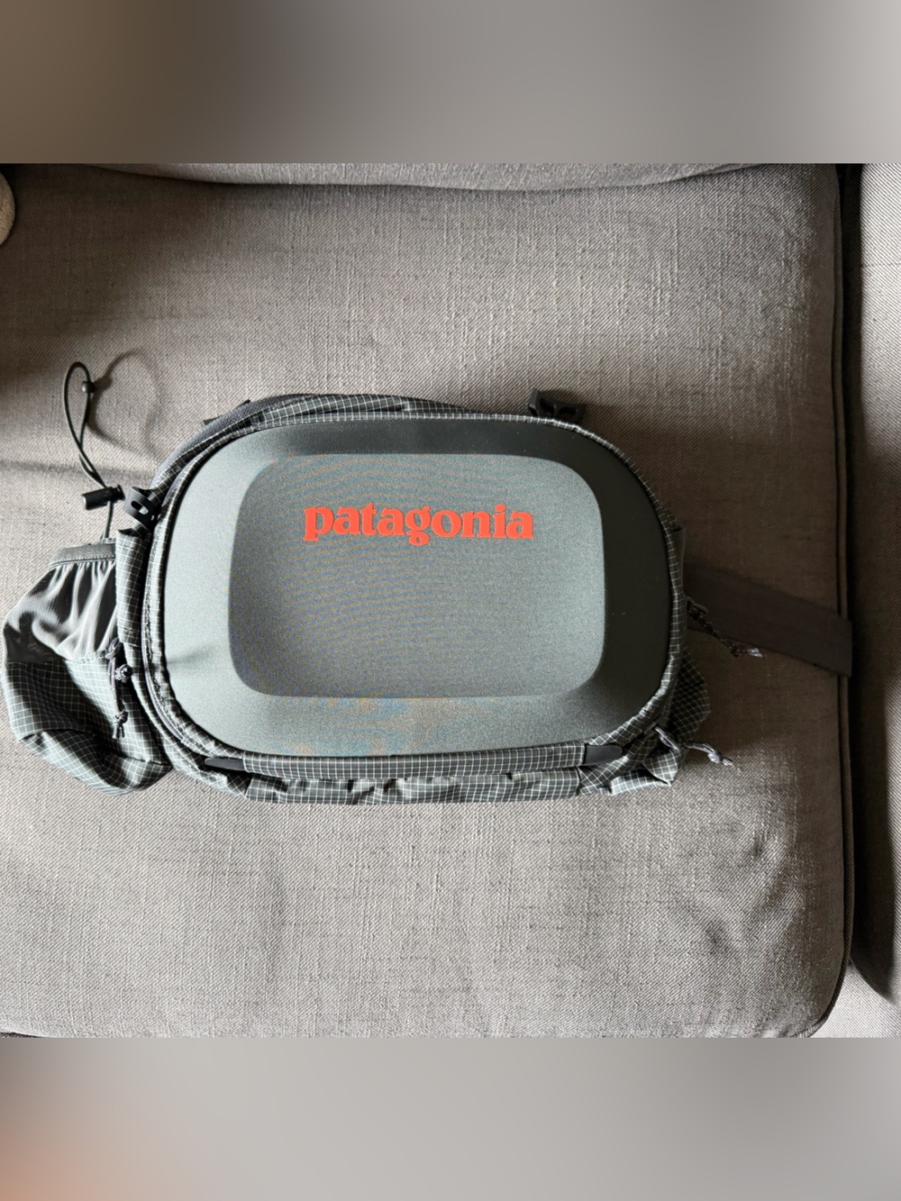 Patagonia Gray Hard-Shell Waist Pack  with Orange Logo for fly fishing